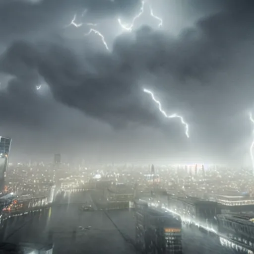 Image similar to enormous creature towering over a city during a thunderstorm with fog, hyper realistic, 8 k, unreal engine