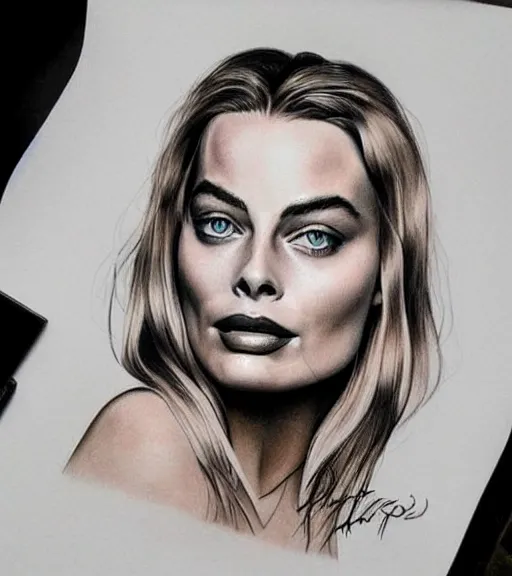 Image similar to A realistic tattoo design of margot robbie on white paper, realism tattoo design, highly detailed tattoo, shaded tattoo, hyper realistic tattoo