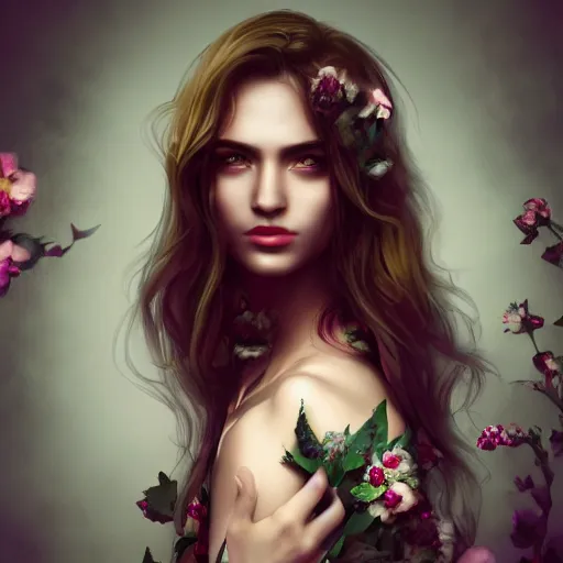 Image similar to dslr photo of a beautiful female with detailed face, wearing flowers, artgerm, artstation, extremely high quality, moody lighting, photography by deviantart, 8 k