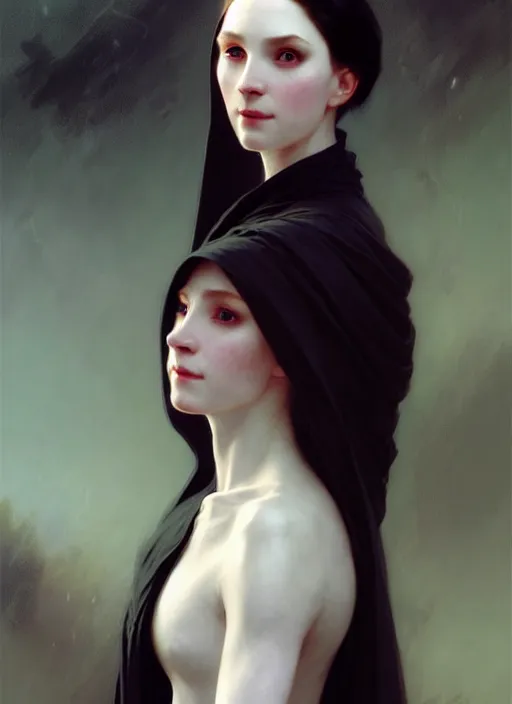 Image similar to character concept portrait of a female wizard with pale skin, wearing an elegant dress, dark vibe, intricate, elegant, digital painting, concept art, smooth, sharp focus, illustration, by Ruan Jia and Mandy Jurgens and William-Adolphe Bouguereau, Artgerm,