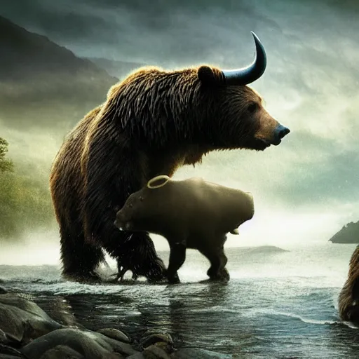 Image similar to a bear fighting a bull, magical forest, fantasy, Ireland, England, king Arthur, Lord of the rings, cinematic, realistic style, beautiful, majestic, dramatic lighting, early morning, dawn CGsociety, realistic, hyper maximalist, golden ratio, octane render, rule of thirds, wide shot , 8k resolution, epic volumetric light, cinematography, concept art, Artstation trending, environments, fantasy