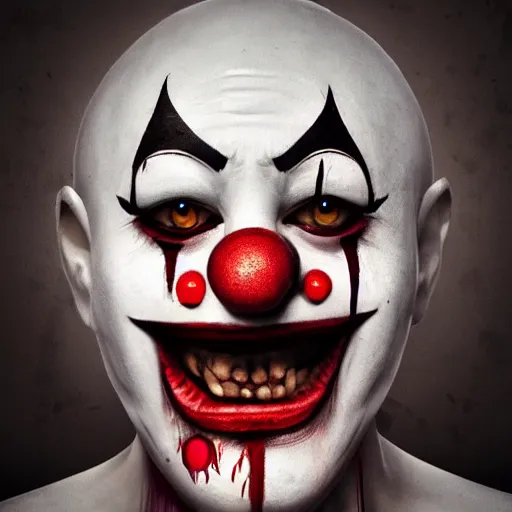 Image similar to 4K headshot of godlike clown with clown nose and defined arms and open hands and bloody clothes with giant mandala wings , intricate runny clown face make-up , flawless anime cel animation by Kentaro Miura, psychedelic , highly detailed upper body , professionally post-processed , beautiful, scary, symmetry accurate features, epic, octane rendered, anime masterpiece, accurate