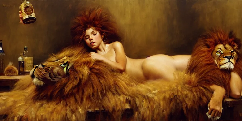 Prompt: an exhausted lion girl in her studio with a bottle of whisky, fluffy, furry pelt, furry body. highly detailed painting by gaston bussiere, craig mullins, j. c. leyendecker 8 k