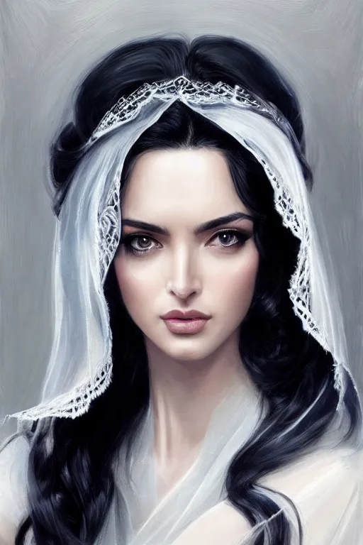 Image similar to back portrait of Ameera al-Taweel, blue eyes, long wavy black hair, fierce look, white veil, closeup, focus face, elegant, highly detailed, centered, digital painting, artstation, concept art, art by artgerm and donato giancola and Joseph Christian Leyendecker, Ross Tran, WLOP