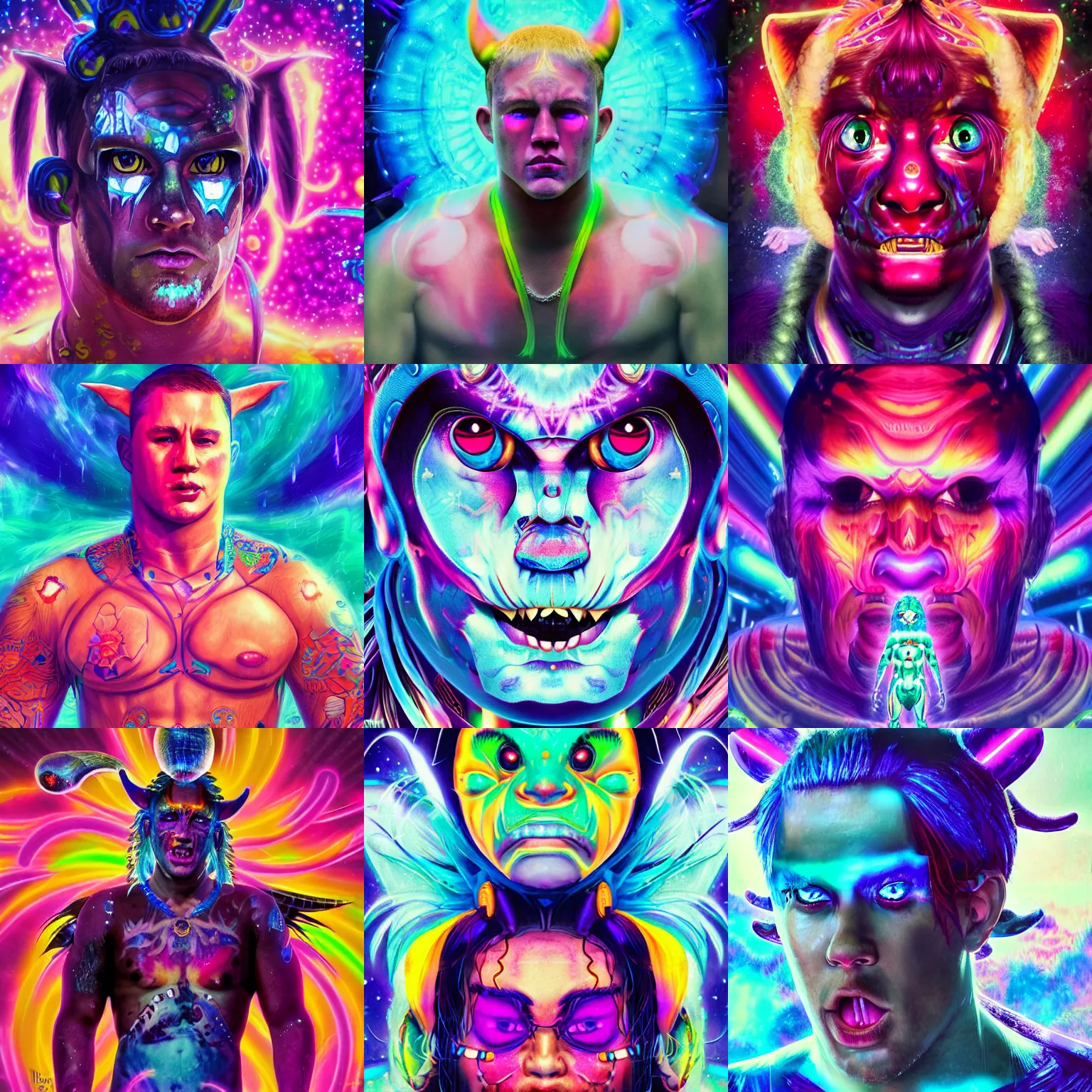 Prompt: a detailed portrait of channing tatum as a oni demon extraterrestrial wearing a raver cyberpop outfit by lisa frank and cicely mary barker, taiyo matsumoto, myst, beeple, cgsociety, crisp, low angle shot