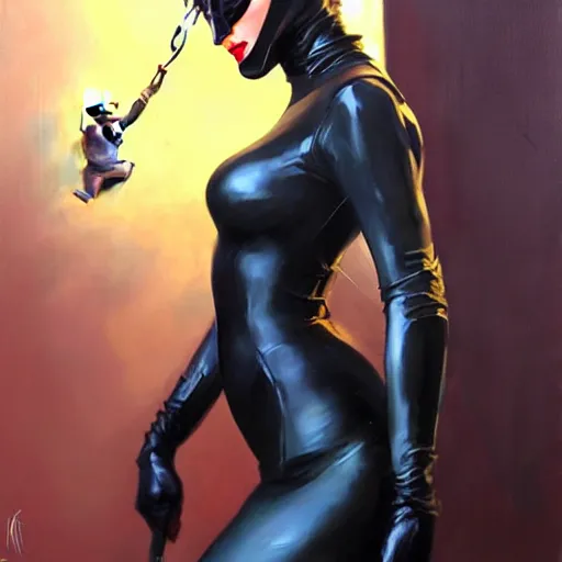 Image similar to Greg Manchess portrait painting of Catwoman as Overwatch character, medium shot, asymmetrical, profile picture, Organic Painting, sunny day, Matte Painting, bold shapes, hard edges, street art, trending on artstation, by Huang Guangjian and Gil Elvgren and Sachin Teng