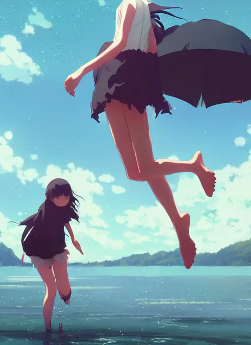 Image similar to girl jumping near a lake, rainy, touching a long neck monster, illustration concept art anime key visual trending pixiv fanbox by wlop and greg rutkowski and makoto shinkai and studio ghibli