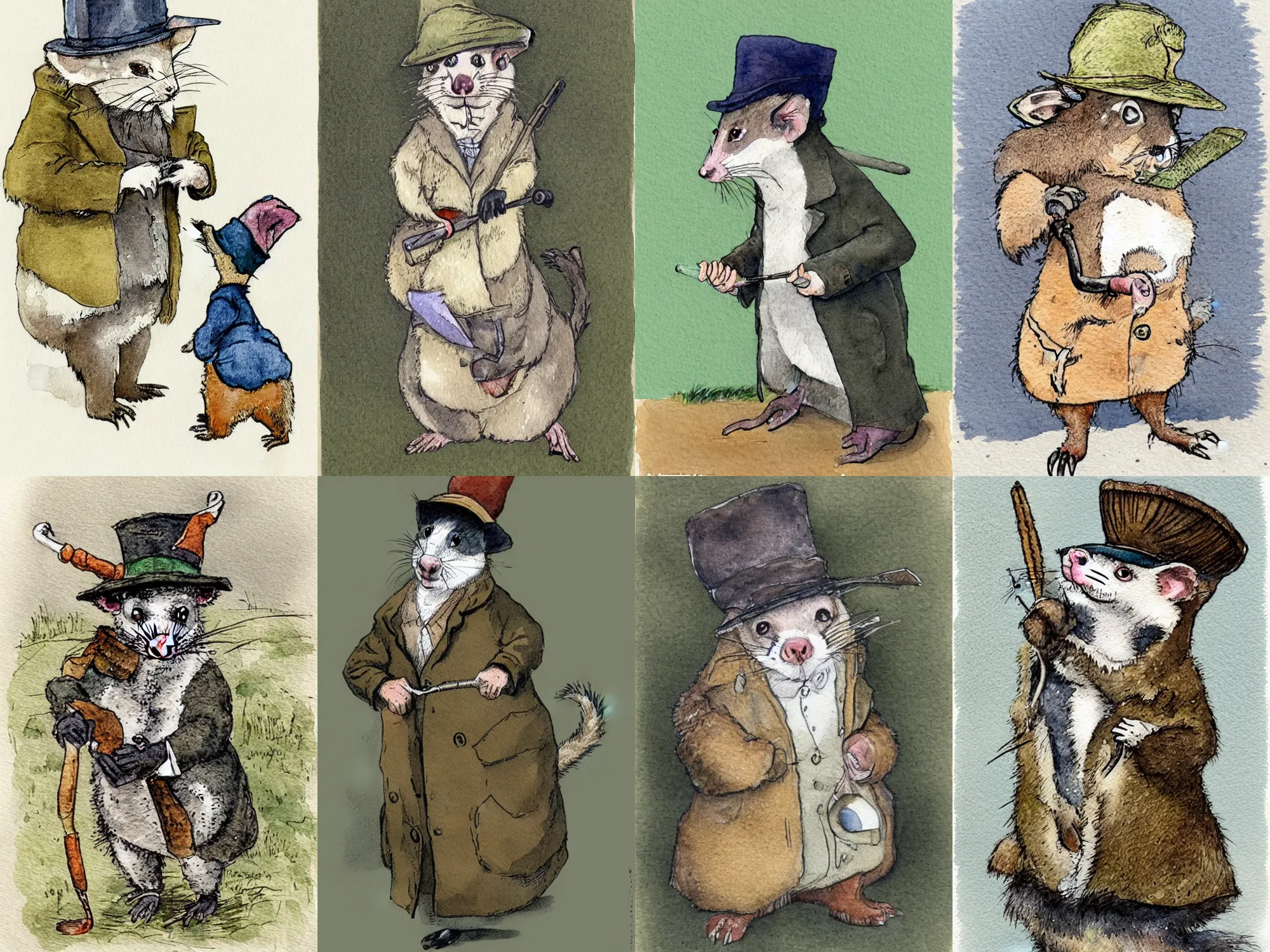 Prompt: a watercolour illustration of a possum dressed as a detective with a deerstalker hat against a white background, in the style of Beatrix Potter