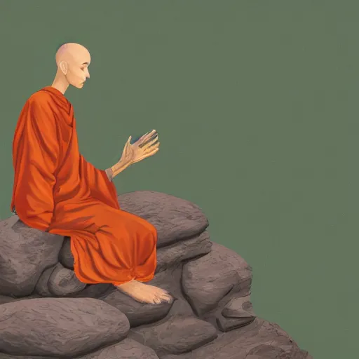 Image similar to slightly rusty robot monk in orange robes meditating in front of a worn stone shrine on a hilltop with wildflowers, digital illustration