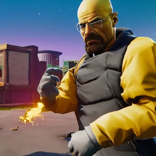 Image similar to walter white as a fortnite character, gameplay screenshot