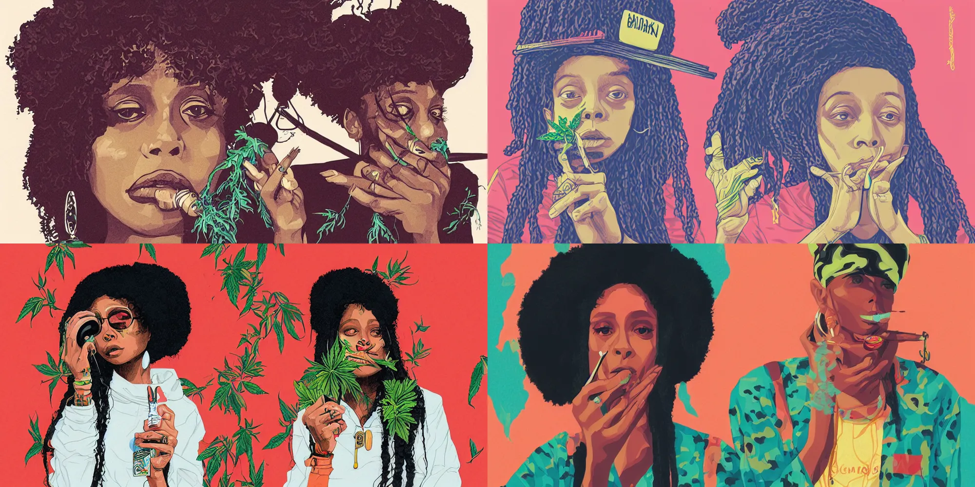 Prompt: A portrait illustration of Erykah Badu smoking weed by Sachin Teng