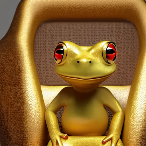 Image similar to octane render of an anthropomorphic golden frog sitting in a chair in an office, very detailed, very intricate, dslr,