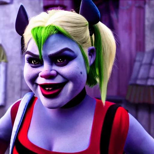 Image similar to Shrek as real-life Harley Quinn, cinematic, Wide-shot, atmospheric lighting, extreme detail, 8K, movie still