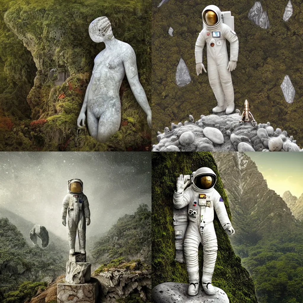 Prompt: seasoned marble statue of marble astronaut on top of hill covered by lichen in jungles and mountains and pyramids by Amandine Van Ray, detailed, painting, matte, 4k resolution