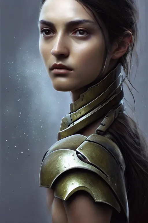 Image similar to a photorealistic painting of an attractive young girl, partially clothed in metal-plated battle armor, olive skin, long dark hair, beautiful bone structure, symmetrical face, perfect eyes, intricate, elegant, digital painting, concept art, illustration, sharp focus, minimal artifacts, from Metal Gear, in the style of Ruan Jia and Mandy Jurgens and Greg Rutkowski, trending on Artstation, award winning