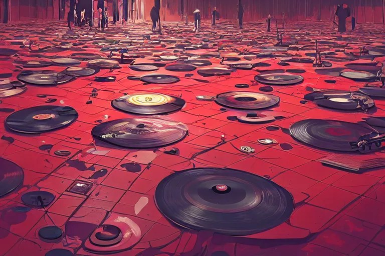 Prompt: an expressive painting of a floor of vinyl records, dark background, red rim light, digital art, artstation, concept art by giger stalenhag