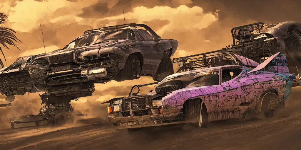 Prompt: hyperdetailed vaporwave style motor race in Madmax style, trending on artstation