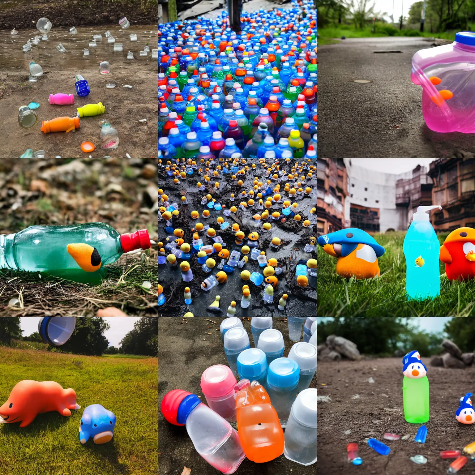 Prompt: a plastic bottle full of waddle dees are forcibly squeezed out of the bottle, slimy liquid fluid sweaty professional photography outdoors