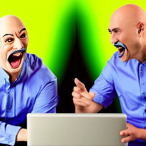 Image similar to Funny Realistic Bald Man is laughing wearing a blue suit and has a pyramidal mustache while hacking into a computer with his golden retriever, neon green glow background, hands fast typing on keyboard, matrix code background