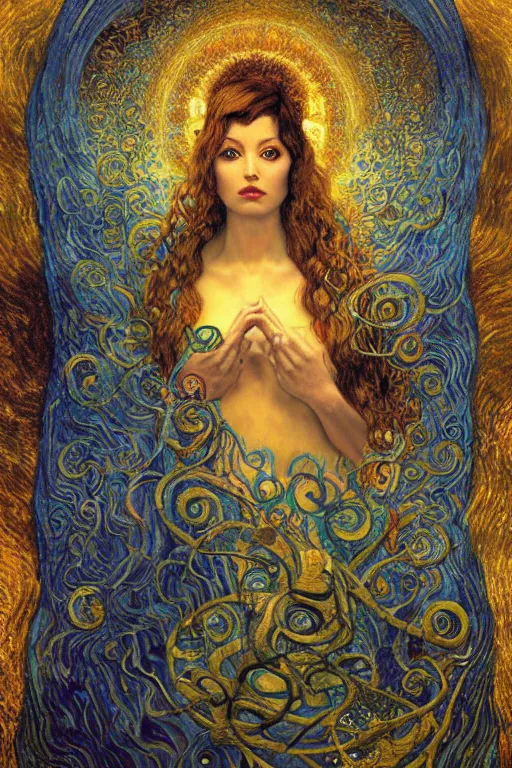 Image similar to Visions of Paradise by Karol Bak, Jean Deville, Gustav Klimt, and Vincent Van Gogh, visionary, otherworldly, dreamscape, radiant halo, fractal structures, infinite wings, ornate gilded medieval icon, third eye, spirals, heavenly spiraling clouds with godrays, airy colors