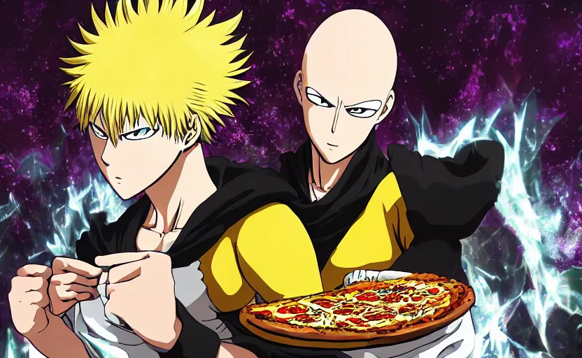 Prompt: Saitama from One Punch Man eating pizza, 8k hdr pixiv dslr photo