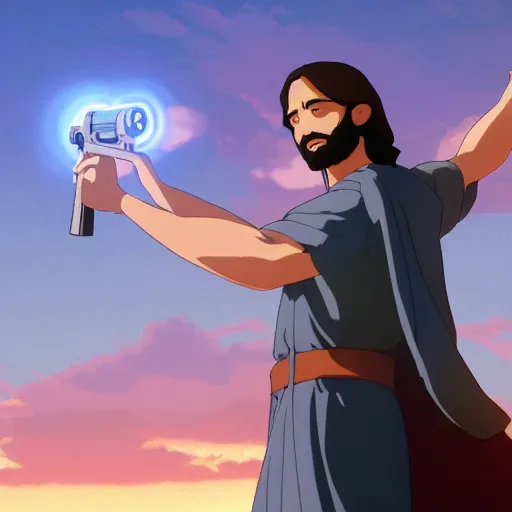 Prompt: a wholesome animation key shot of jesus christ pointing a gun at the viewer, medium shot, waist up, studio ghibli, pixar and disney animation, sharp, rendered in unreal engine 5, anime key art by greg rutkowski, bloom, dramatic lighting