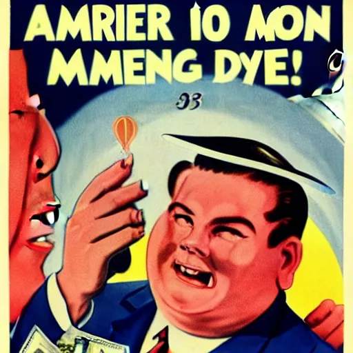 Image similar to 1 9 5 0 american propaganda poster warning the danger of money, featuring a grinning chubby dude in suit