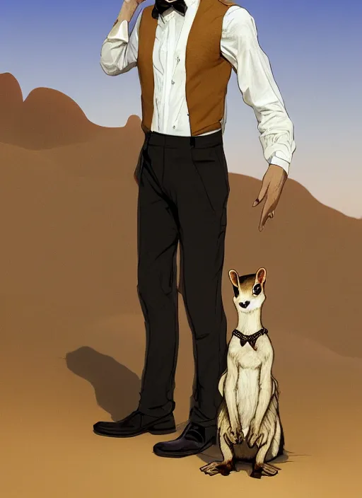 Image similar to Character portrait of a happy furry anthro stoat wearing a white shirt, tan vest, bowtie, and black slacks in the desert wilderness, intricate, elegant, highly detailed, digital painting, artstation, concept art, smooth, sharp focus, illustration, art by Krenz Cushart and Artem Demura and alphonse mucha