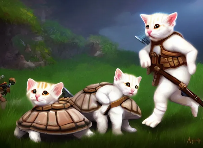 Image similar to white soldier kittens riding turtles going into battle, cute, digital oil painting, trending on artstation