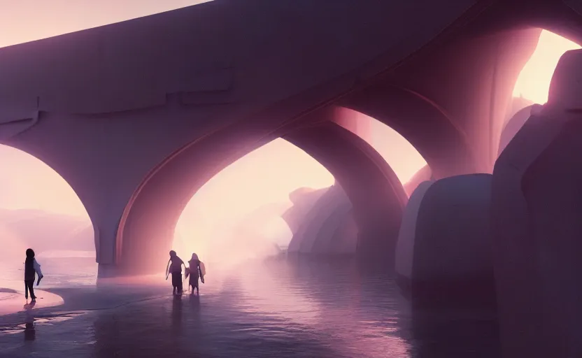 Image similar to incredible, mindblowing, refugees crossing a beautiful bridge made of rainbow hardlight, matte painting, makoto shinkai, artstation, cgsociety, dramatic lighting, concept art, octane render, arnold 3 d render