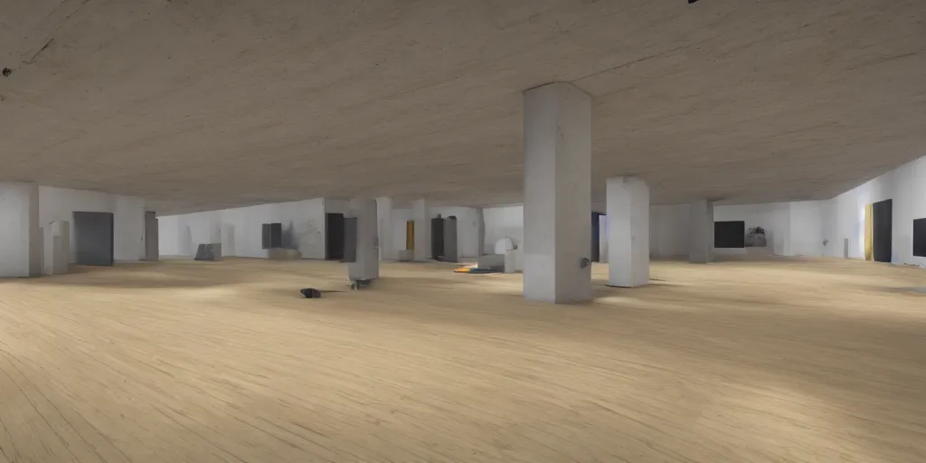 Image similar to a coloured 3 d octane model of a brutalism art gallery with wooden floor, highly detailed