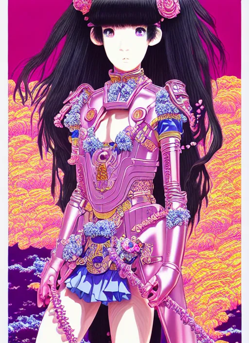 Image similar to highly detailed artstation vaporwave katsuhiro otomo fluorescent fantastic fate manga poster of princess mechine, minaba hideo,, long hair, armor, laces, ruffles, 8 k, maximalist, art nouveau,