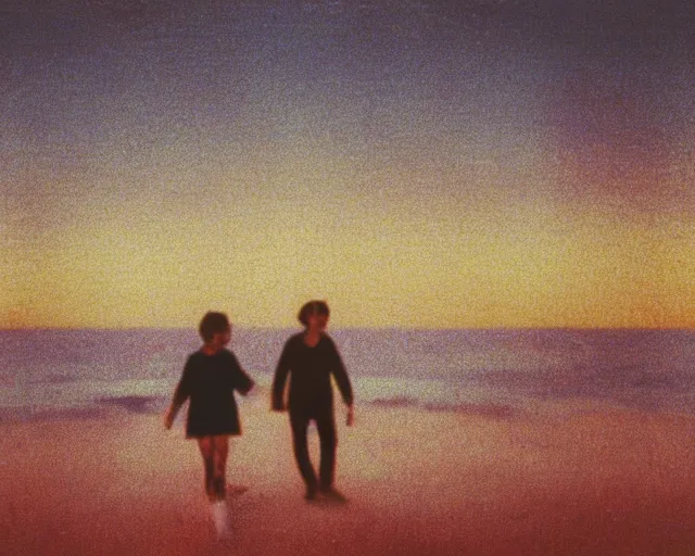 Prompt: a couple walks on the beach, hundreds of multicolored orbs float in the sky, violet and yellow sunset, polaroid photo, whimsical and psychedelic, 1 9 6 0 s, grainy, expired film, glitched