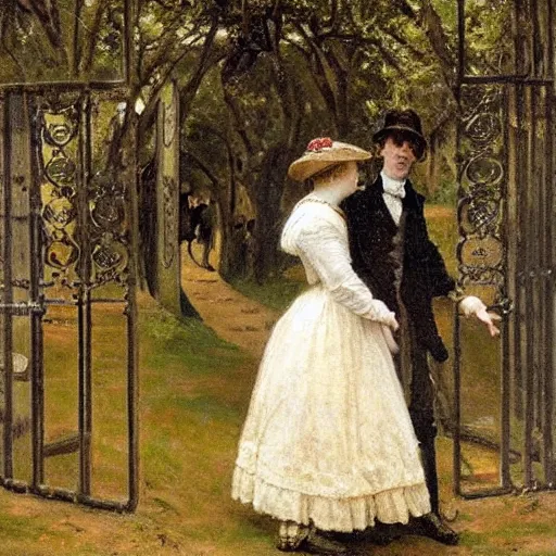 Image similar to young victorian man and woman adventuring in a maze, painted by alfred stevens