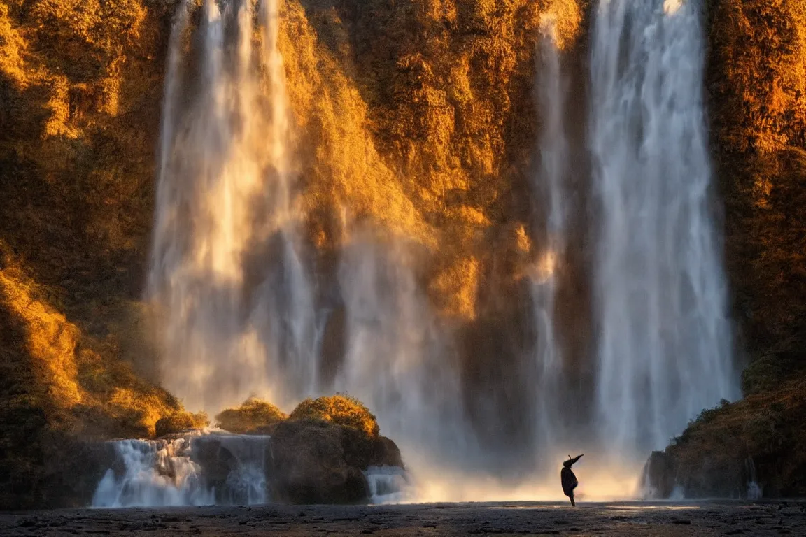 Prompt: dang ngo, annie leibovitz, steve mccurry, a simply breathtaking shot of mediating monk in orange, giantic waterfall, sunshine, golden ratio, wide shot, symmetrical