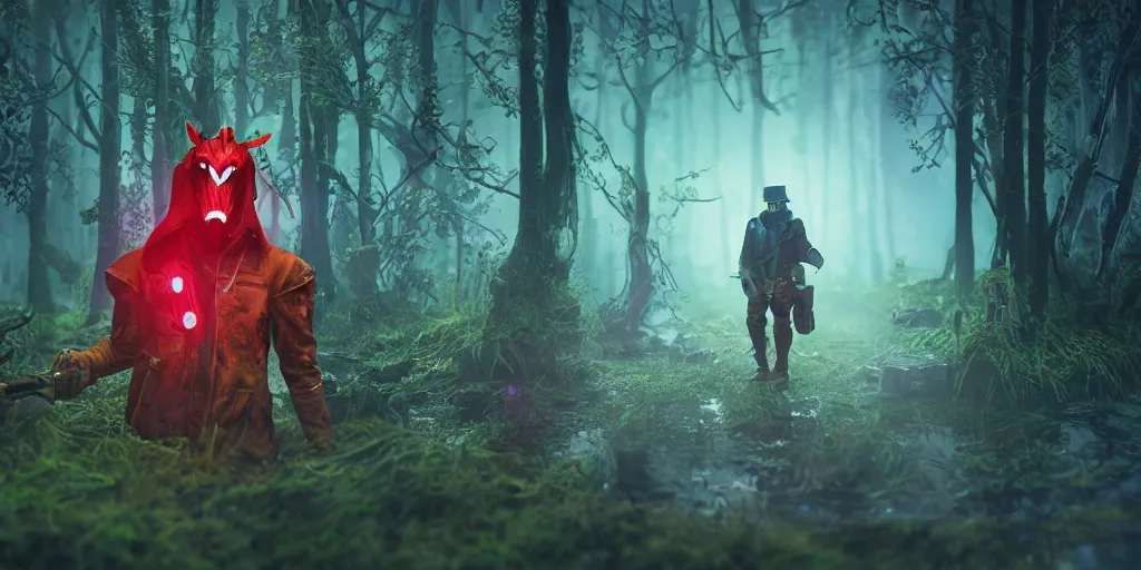 Image similar to detailed miniature diorama of a beautifully strange a gamekeeper wearing a solarpunk mechanical fluorescent mystical animal mask and red hoods. walking in the misty swamp. in style of fornite game. award winning. dramatic. trending on artstation. high quality. rendered by beeple, digital art, unreal engine 5, fornite game. octane render