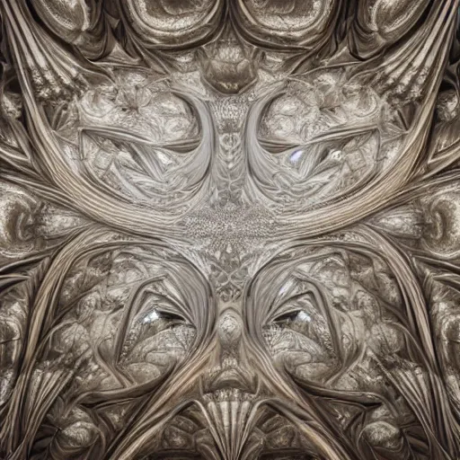 Image similar to a hyperrealistic 3 d render of a huge sprawling fractal cathedral interior populated by mandelbrot fractals by android jones, unreal engine, carved soap, white color scheme, volumetric lighting, octane render, dramatic lighting, glowing, carved marble, opalescent, carved wood, sacred geometry, religious, angelic, catholicpunk, stark, 8 k, ultra detailed