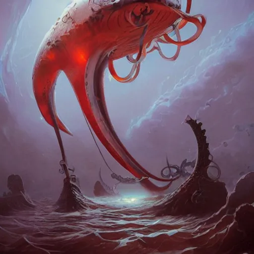 Image similar to giant squid shaped virus particles, 8k, digital art, sci-fi, trending on artstation, artwork by Peter Mohrbacher