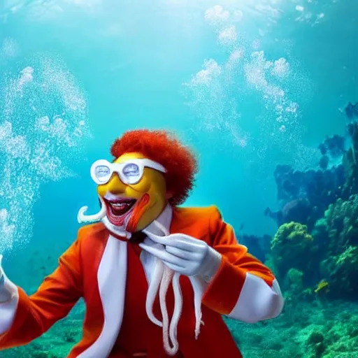 Image similar to Ronald mcdonald eating an octopus underwater