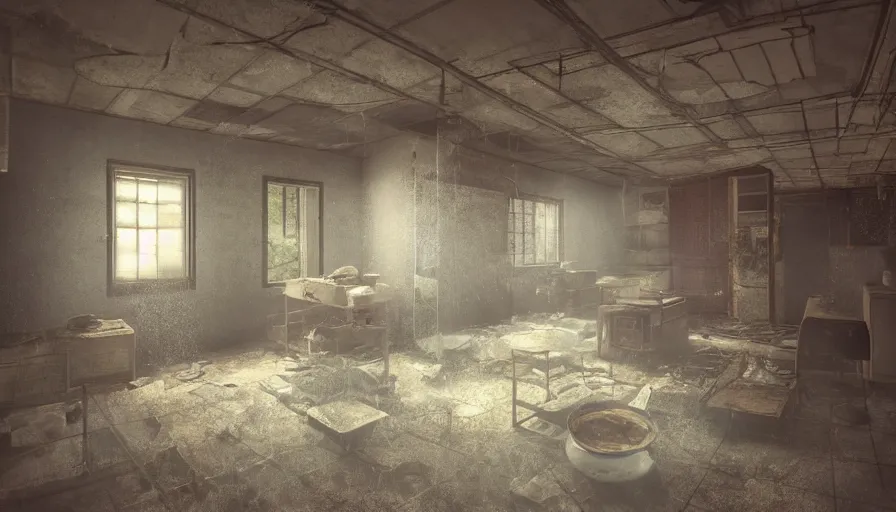 Prompt: abandoned 1 8 0 0's japanes kitchen covered by dust and cobwebs, windows covered by dust and cobwebs, pan and plates, dust floor, flying dust particles, lights through windows, hyperdetailed, artstation, cgsociety, 8 k