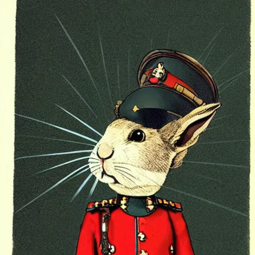 Prompt: an illustration from a book showing a rabbit wearing an Imperial Russian Officer's uniform