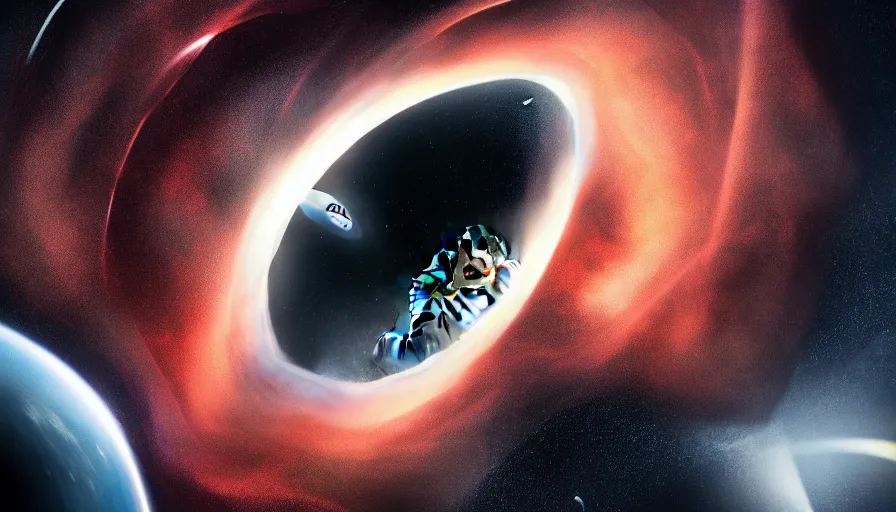 Image similar to an astronaut is falling inside a black hole and is bent into a vortex, volumetric lighting, interstellar, black hole light lensing, event horizon, digital art, wallpaper, 4 k