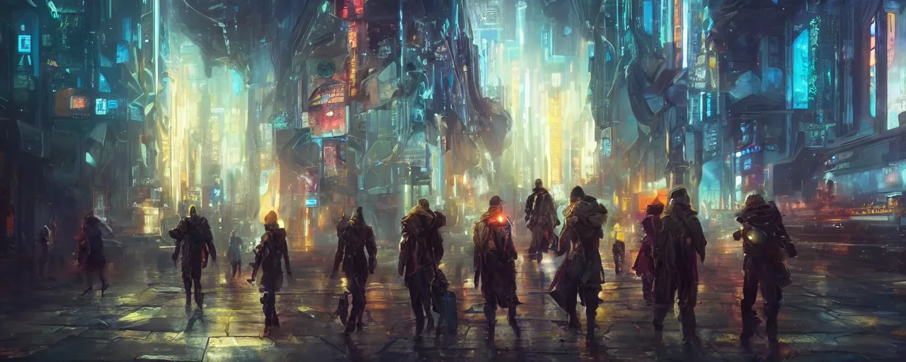 Image similar to an epic painting of the team of group of time travelers, oil on canvas, cold colors, perfect composition, golden ratio, beautiful detailed, photorealistic, digital painting, artstation, concept art, smooth, sharp focus, illustration, cyberpunk background, artstation trending, octane render, unreal engine