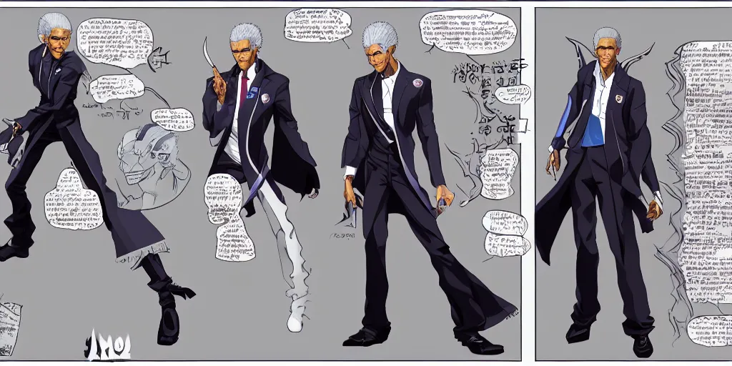 Image similar to Fusion of Barak Obama and Vergil from the game Devil May Cry in the style of Araki Hirohiko, Jojo\'s Bizarre Adventure, character design sheet