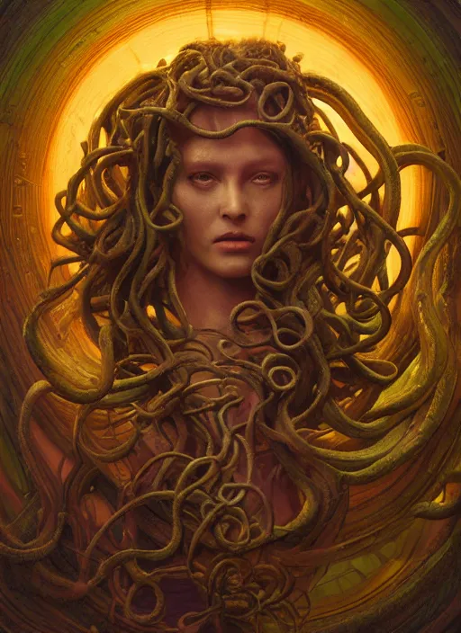 Prompt: medusa made of wax, wooden art nouveau swirls, strong subsurface scattering, cables, tubes, subsurface scattering, in the style of ruan jia and donato giancola and giger, subsurface scattering, mystical colors, rim light, dramatic lighting, 8 k, stunning scene, raytracing, octane render, trending on artstation