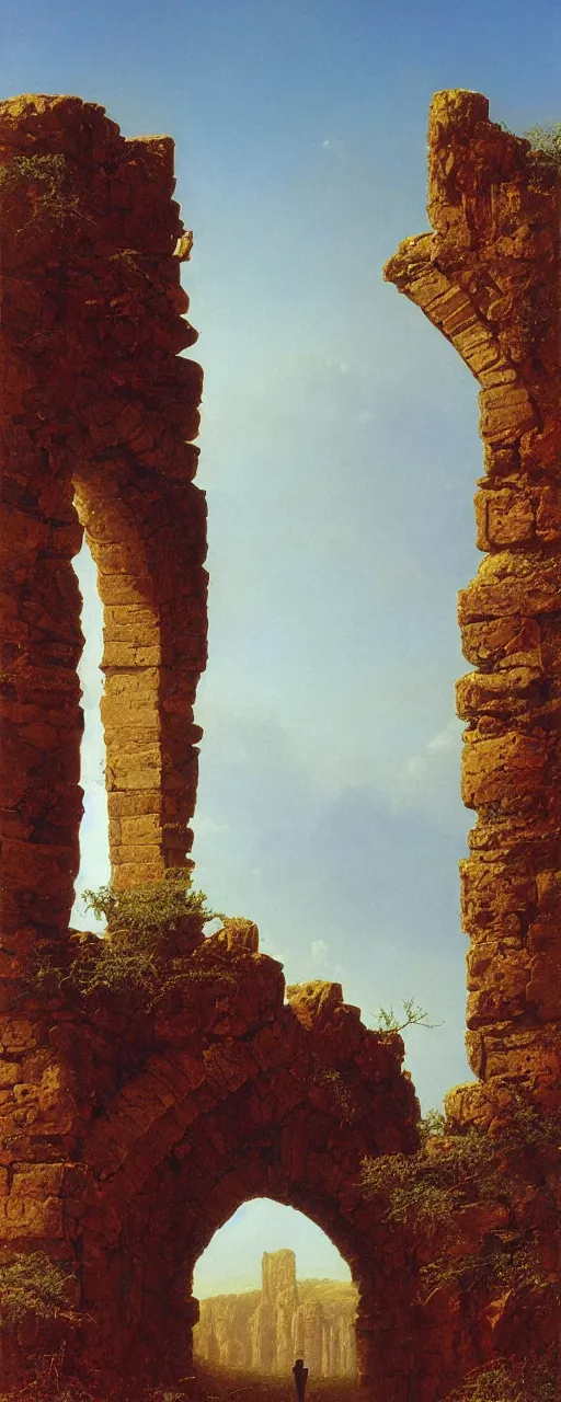 Image similar to A stone-brick archway, through which can be seen a desolate savannah, by Bruce Pennington and Albert Bierstadt