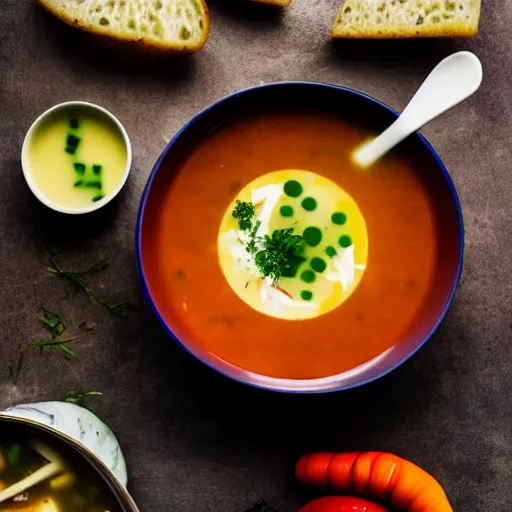 Image similar to a soup with teeth floating, food photography