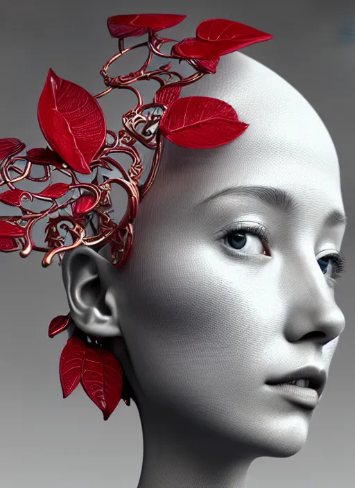 Image similar to complex 3d render ultra detailed of a beautiful porcelain profile young woman face, mechanical cyborg, 150 mm, beautiful studio spotlight, rim light, silver gold red details, fine foliage lace, magnolia big leaves and stems, roots, mesh wire, Alexander Mcqueen haute couture, luxurious, high fashion, mandelbrot fractal, filigran intricate details, hyper realistic, anatomical, facial muscles, cable wires, microchip, elegant, octane render, H.R. Giger style, 8k