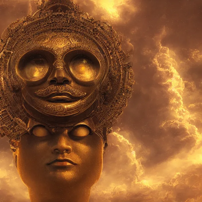 Image similar to wide shot of the floating head of the observer god with a million eyes floating above a temple, digital art, trending on artstation, golden color palette, dynamic composition, realistic clouds, 4k, 8k