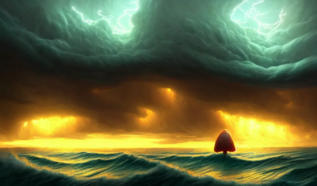 Prompt: ocean storm at dusk, giant spongebob emerging from water, golden hour lighting, cinematic, establishing shot, extremely high detail, photorealistic, cinematic lighting, post-processed, concept art, artstation, matte painting in the style of eddie mendoza, adam hughes, bob ross
